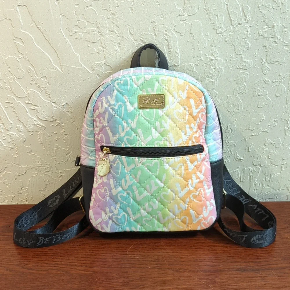 LIKE NEW Luv Betsey Rainbow Quilted Mini Backpack Black Nylon Adjustable Strap